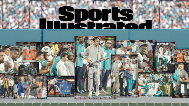 A collage of Dolphins’ sideline employees with Sports Illustrated logo overlayed on top